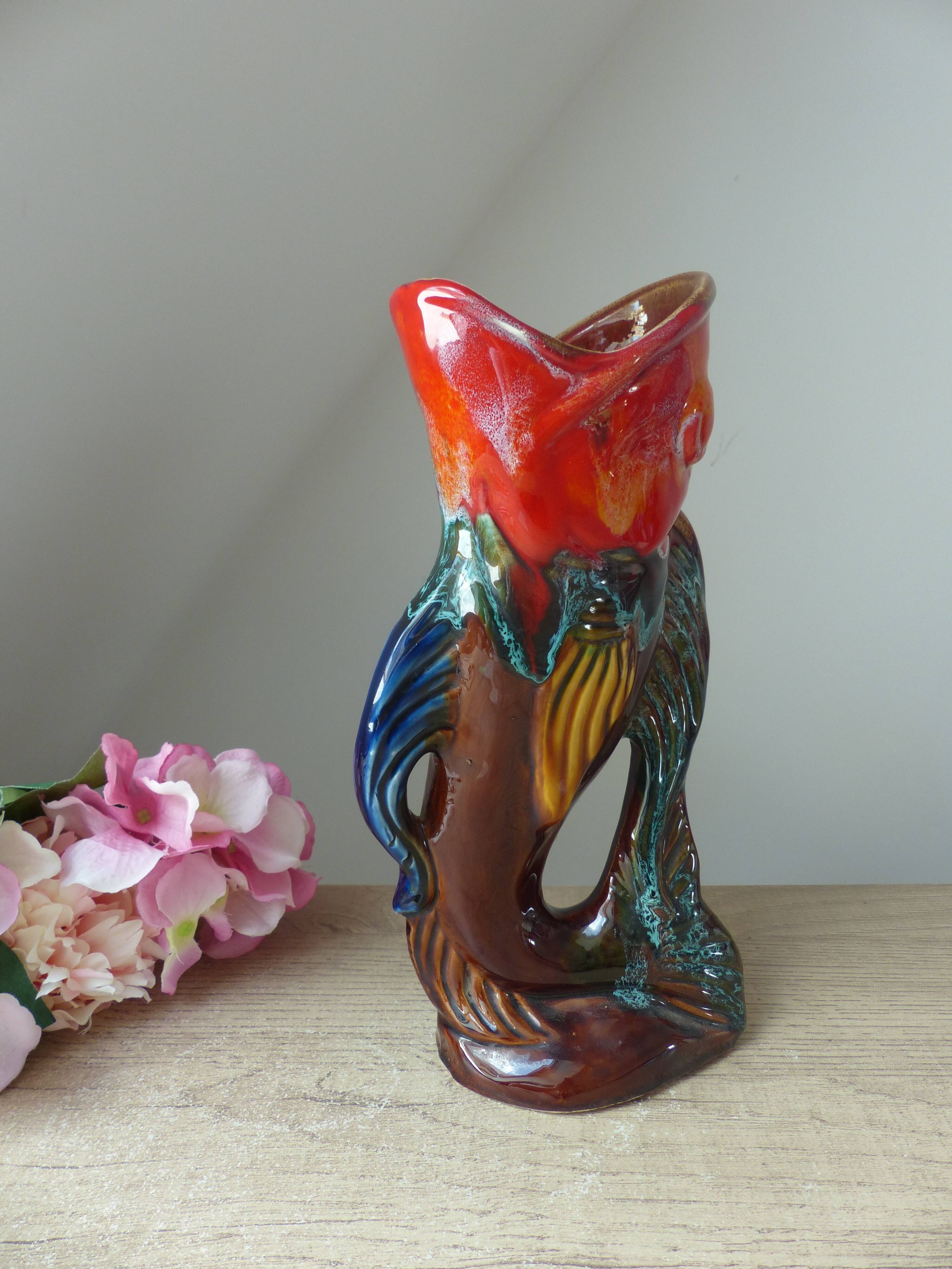 Vintage Vallauris Style Colorful Ceramic Fish Shaped Pitcher