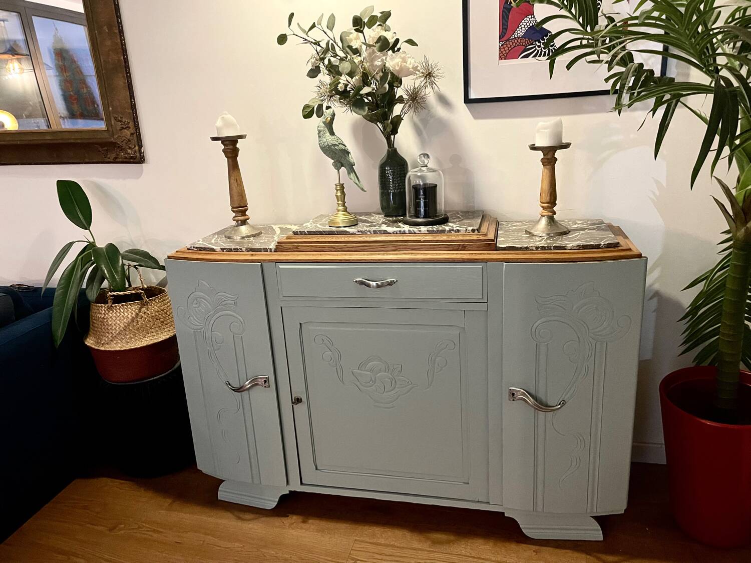 Revamped art deco sideboard in light sage green, marble top, chrome handles, vintage shabby chic