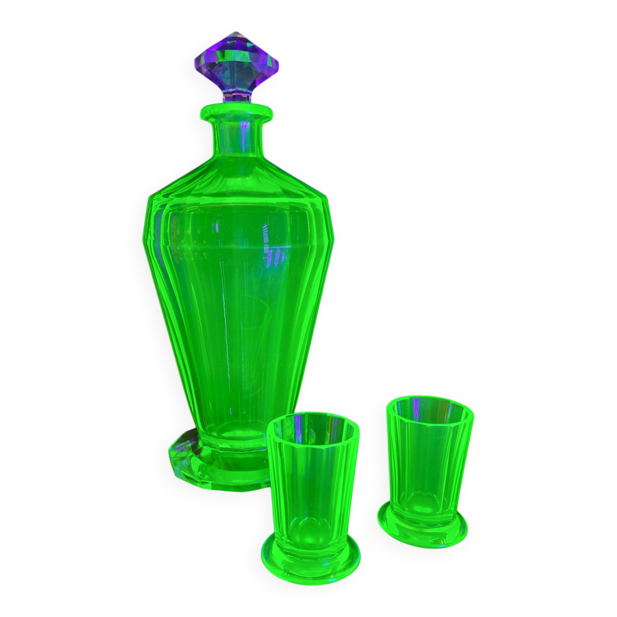 Val Saint Lambert “Montmartre” shaker / karaf met 2 glazen in uraniumglas c
