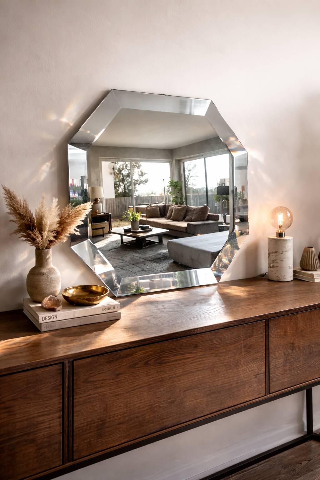 Modernist Octagonal Mirror – Art Glass & Wide Bevel – 1950s/60s