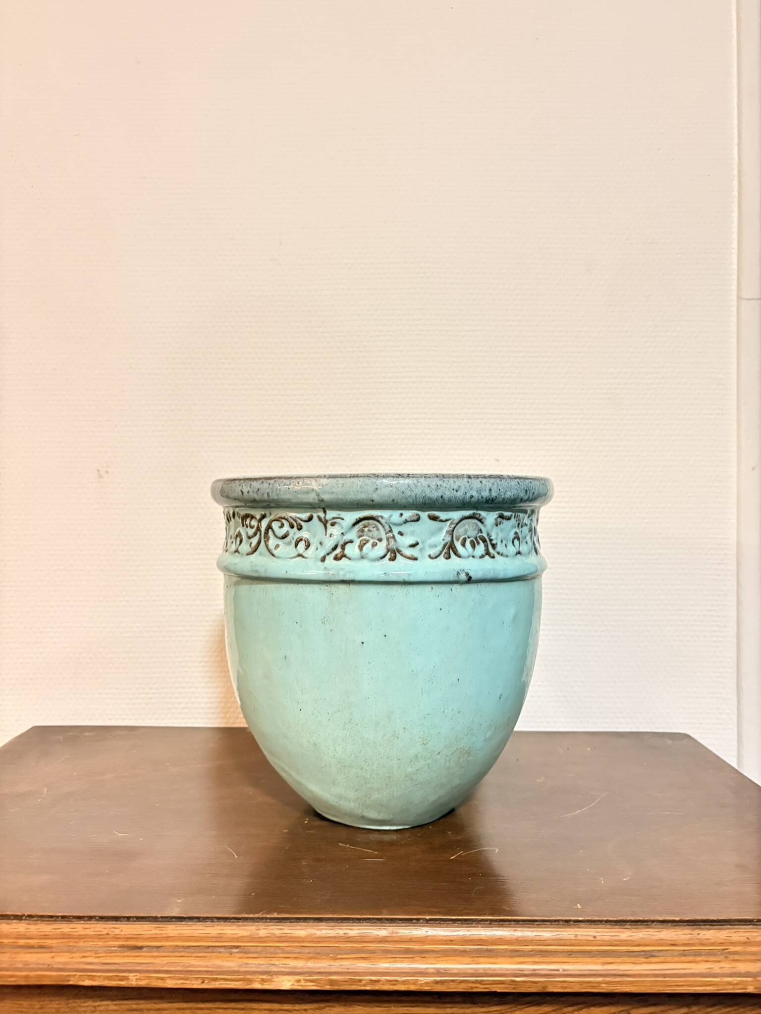 Old Flower Pot Ceramic Terracotta Glazed Varnished Blue Planter