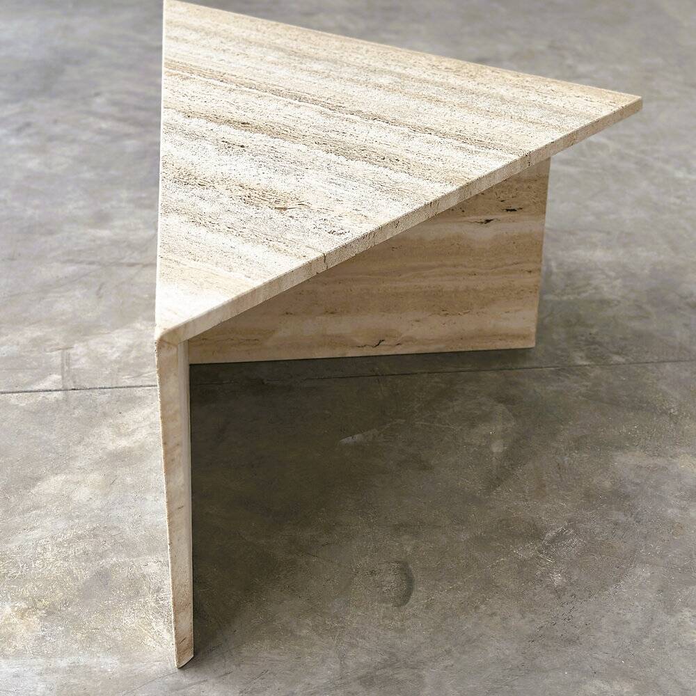 Up & Up large Italian Brutalist travertine coffee table, two-piece geometric mod
