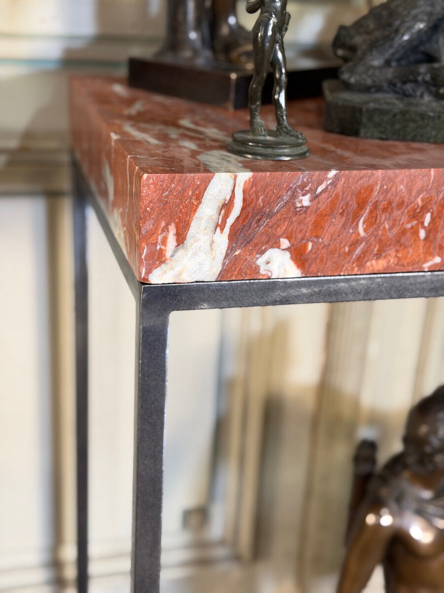 Pair of contemporary consoles in marble and metal.