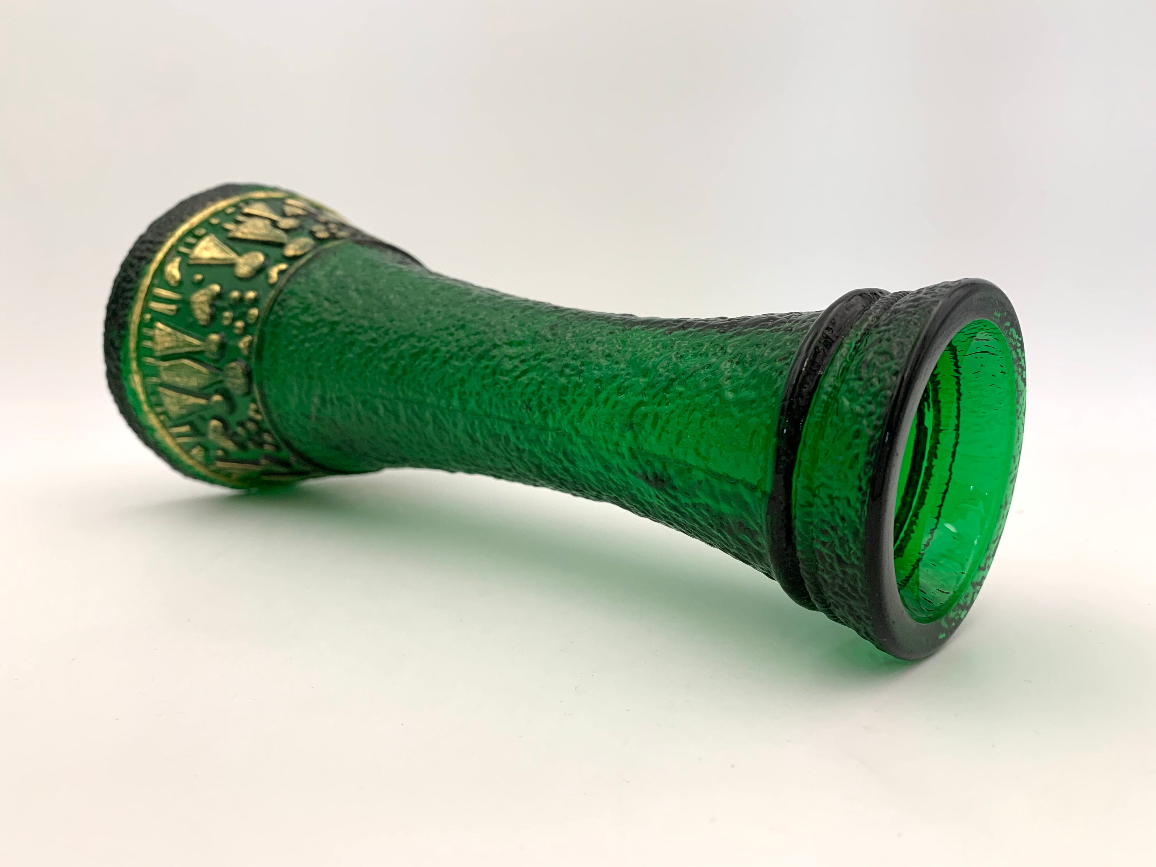 Vintage vase in moulded glass, green and gold patterns - 1970s
