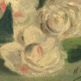 Painting representing white flowers on a background of greenery