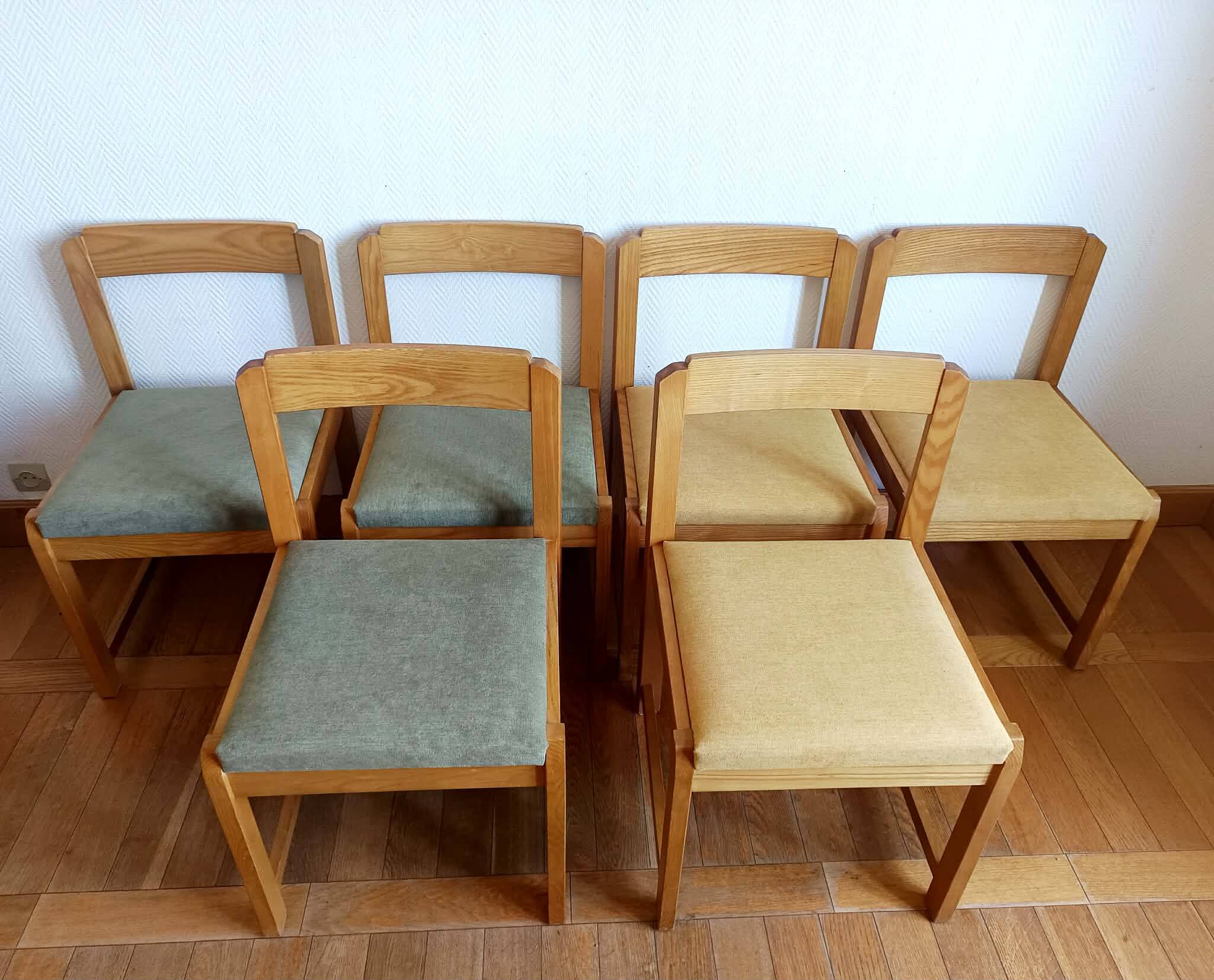 Six Scandinavian style chairs in elm and fabric.