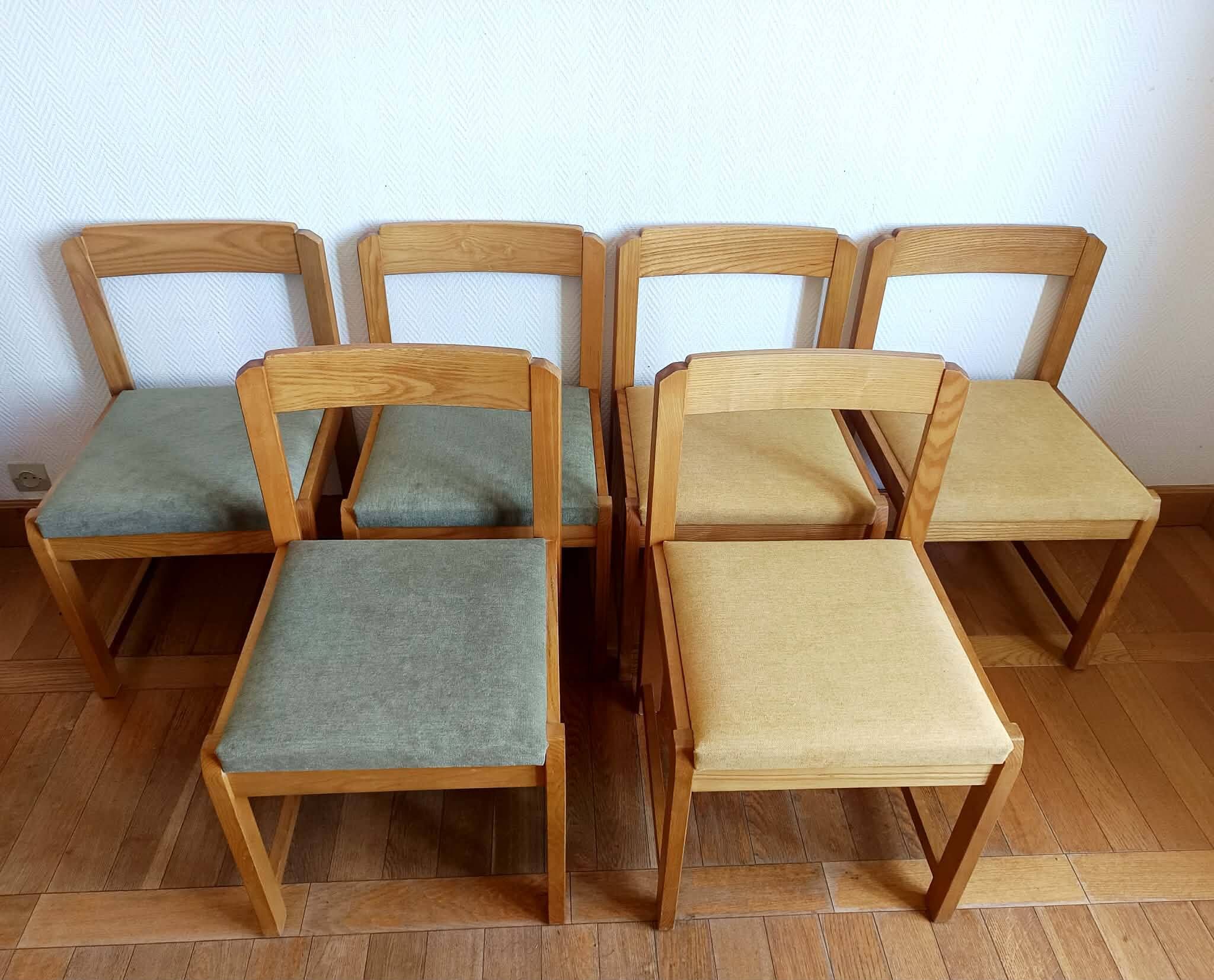 Six Scandinavian style chairs in elm and fabric.