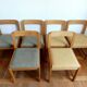 Six Scandinavian style chairs in elm and fabric.