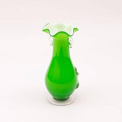 Excentric green blown glass vase with relief flowers Murano
