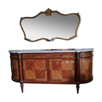 Buffet style Louis XVI en bois de rose marqueté et Grand miroir doré style entre Louis XV et XVI