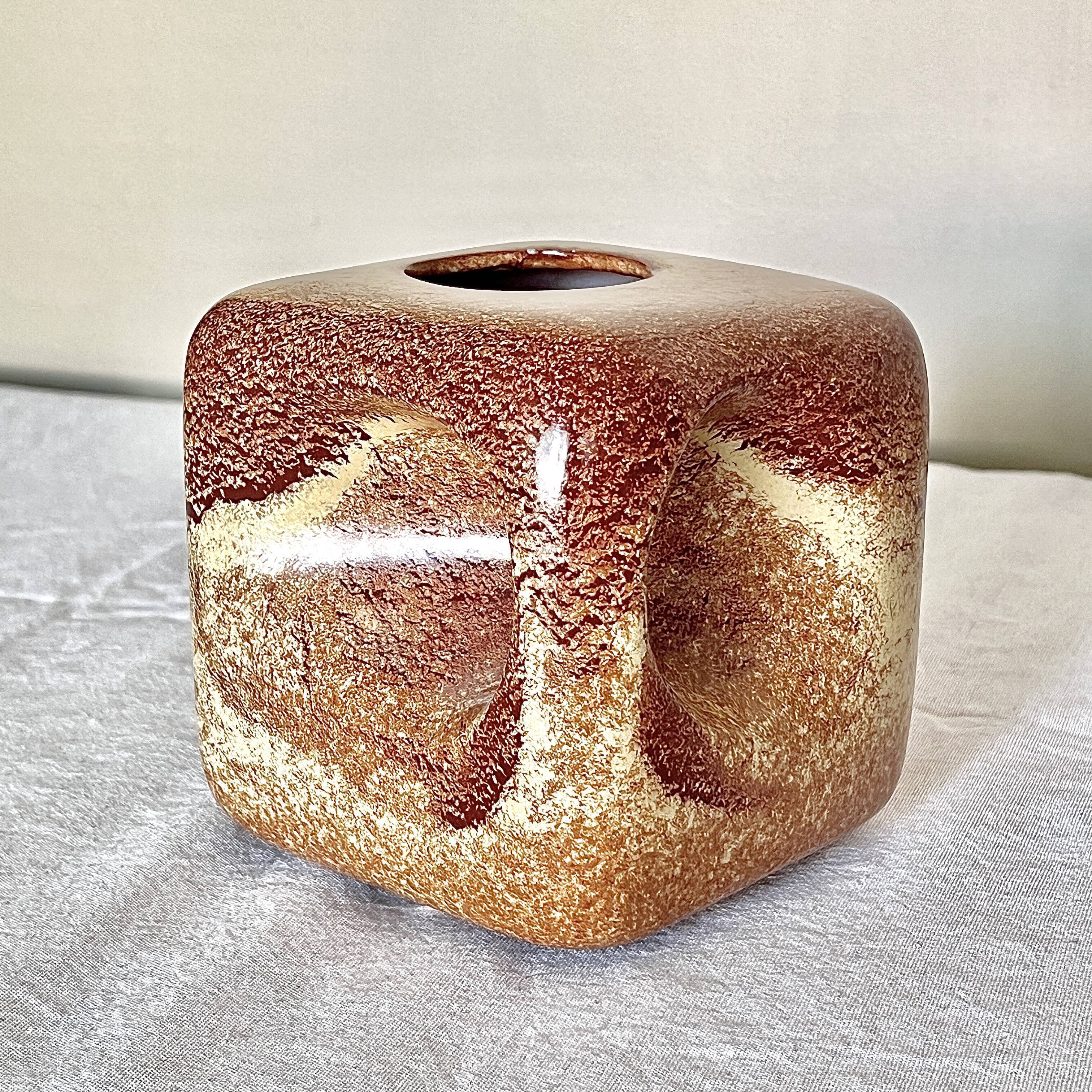 Bertoncello ,,screziato tabacco" glaze, cube vase italian vintage mid century from the 1970's by rob