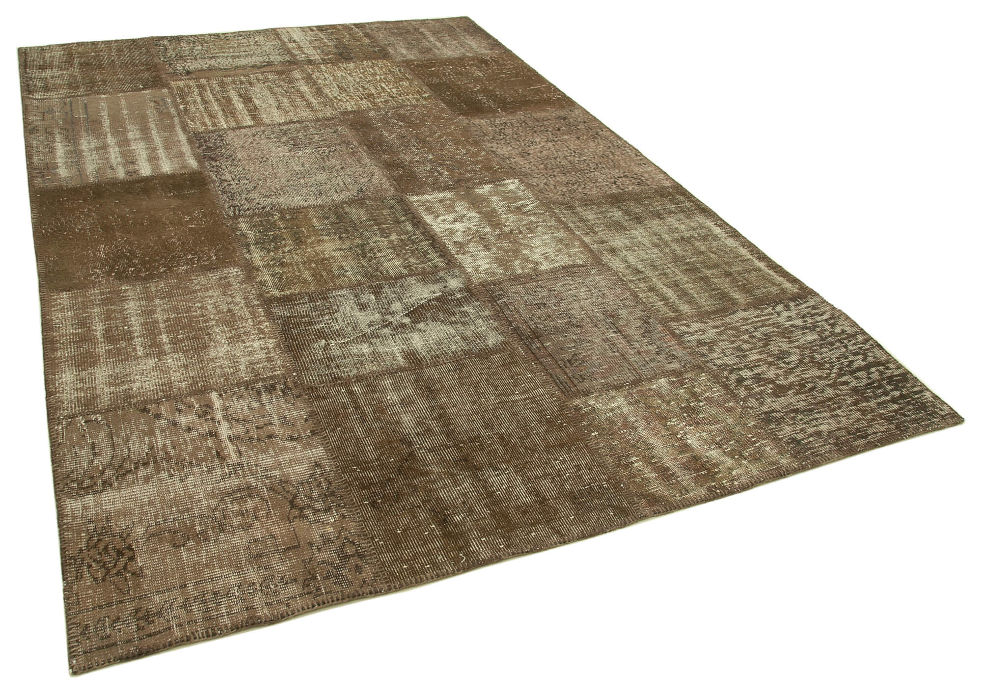 Handmade anatolian overdyed 196 cm x 302 cm brown patchwork carpet