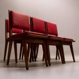 c. 1950 - Set of six “compass leg” chairs in oak and red leatherette -