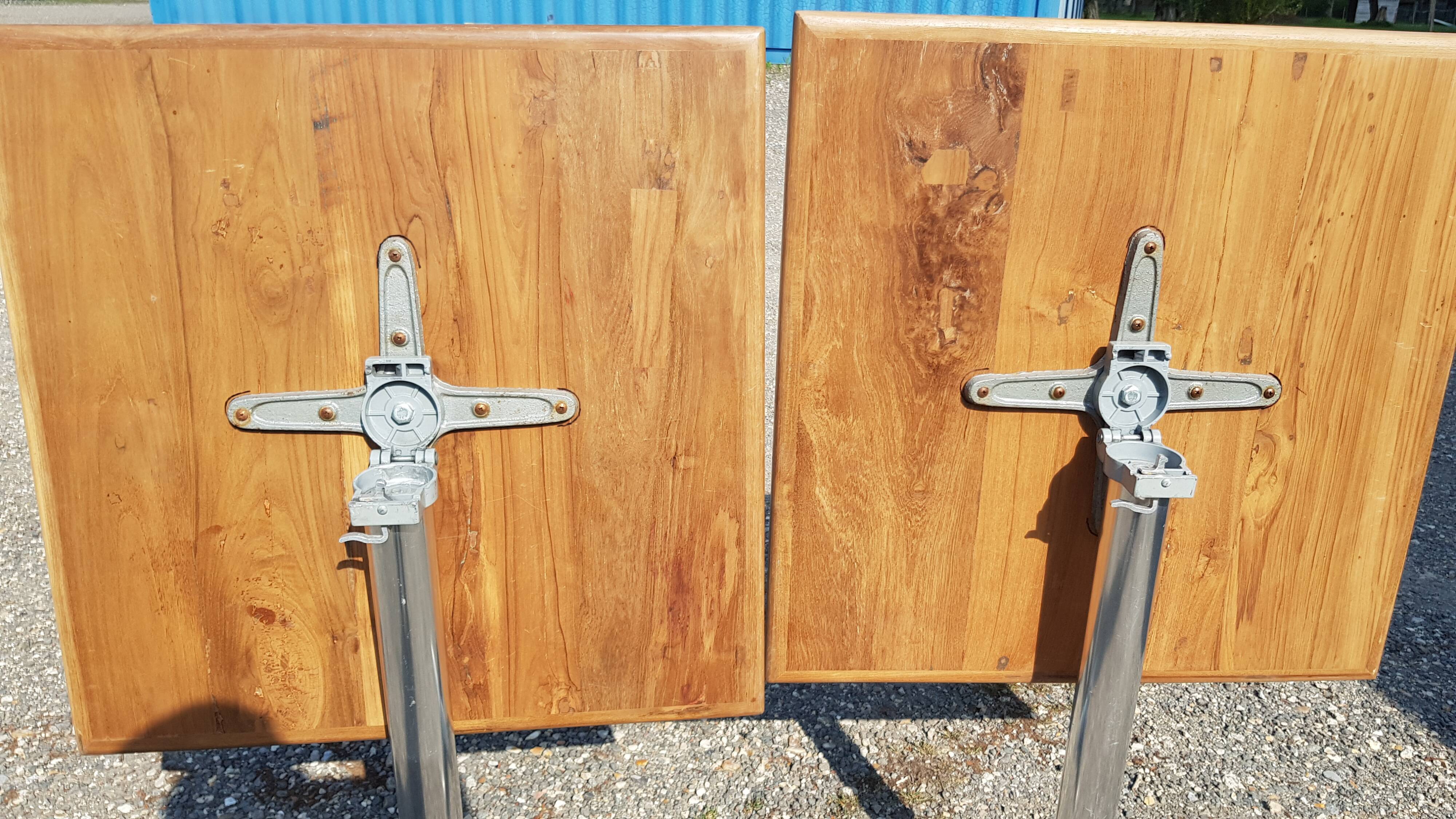 Foldable bistro table with teak top and aluminum base