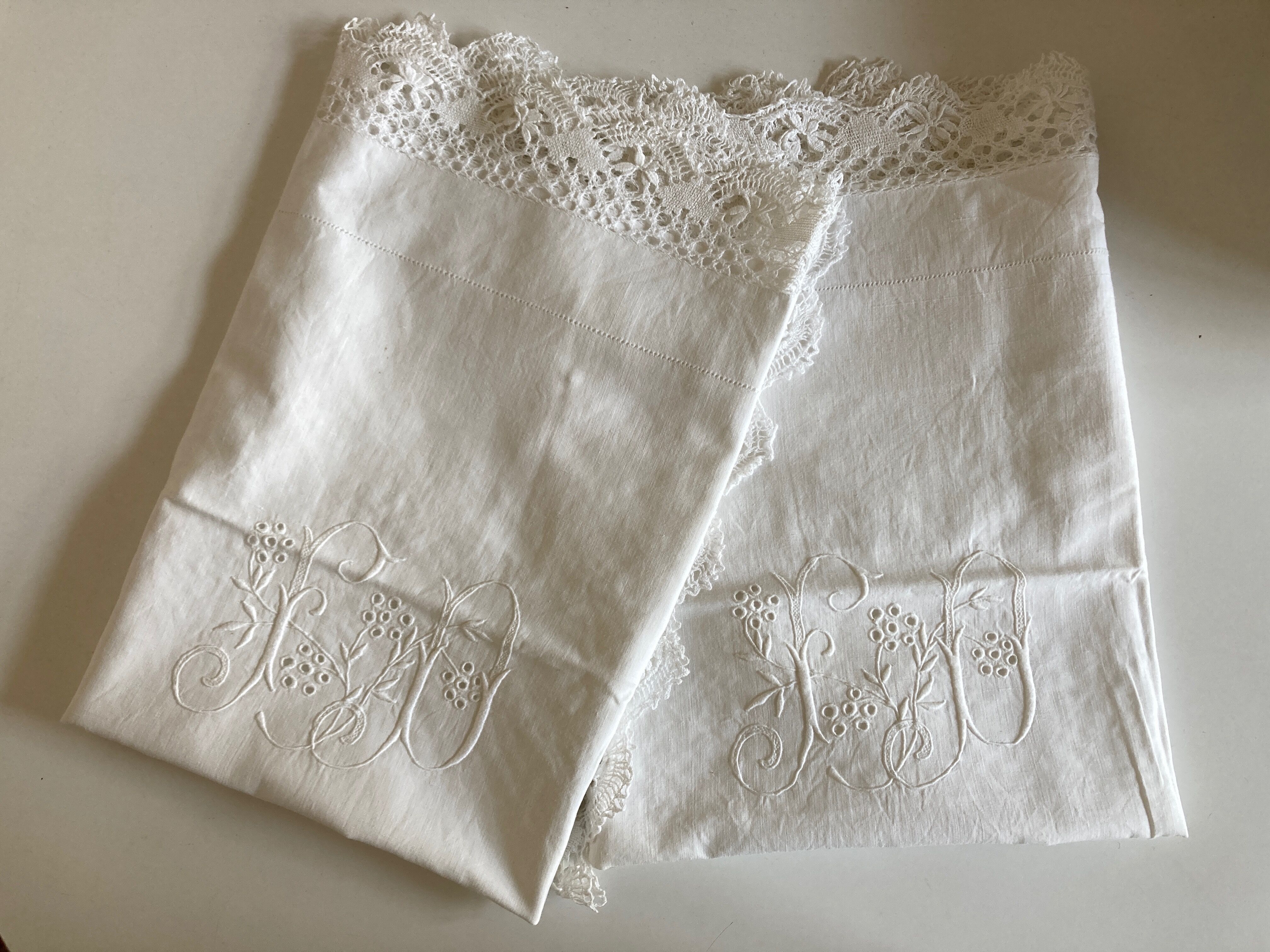 Pair of embroidered 19th linen linen pillowcases
