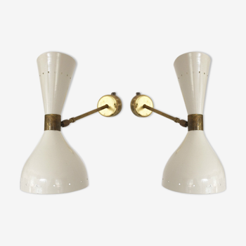 White pair of sconces in the style of Italian creations of the 1950s