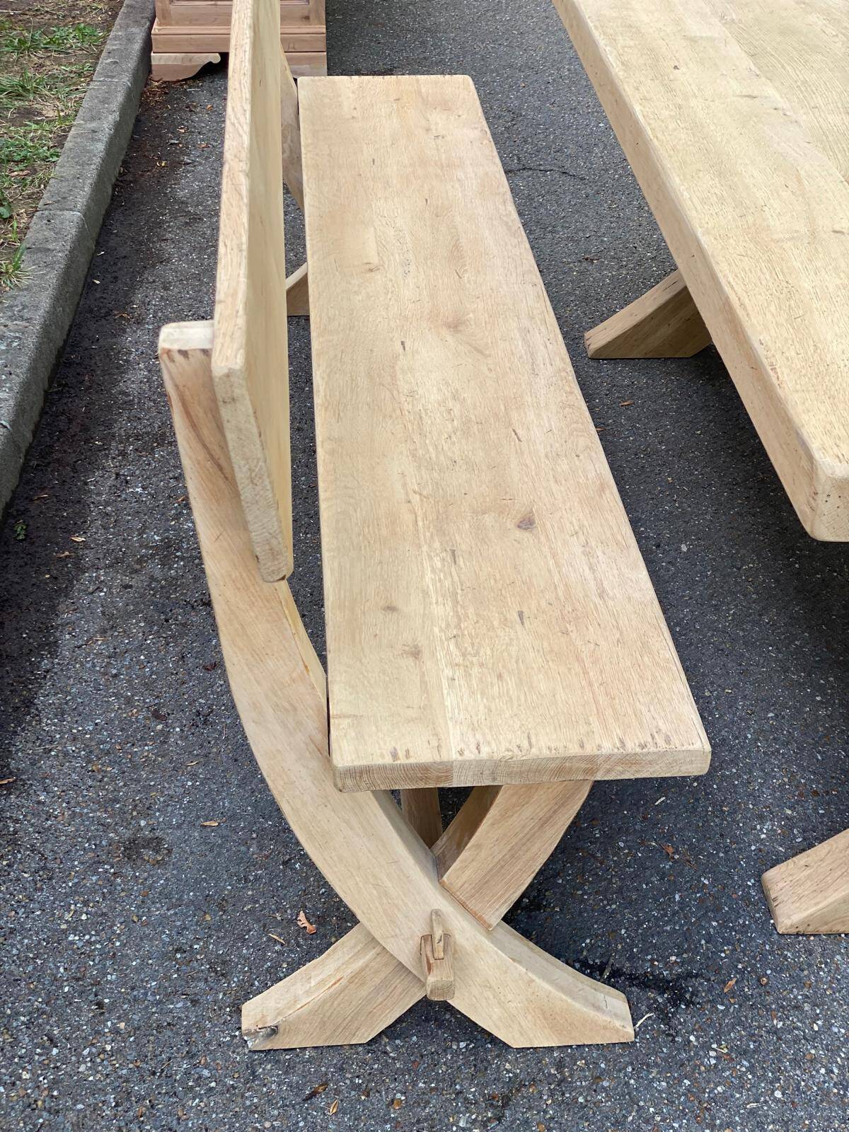 Monastery bench with a 220 cm backrest, renovated in raw solid oak with X legs.