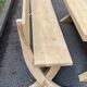 Monastery bench with a 220 cm backrest, renovated in raw solid oak with X legs.