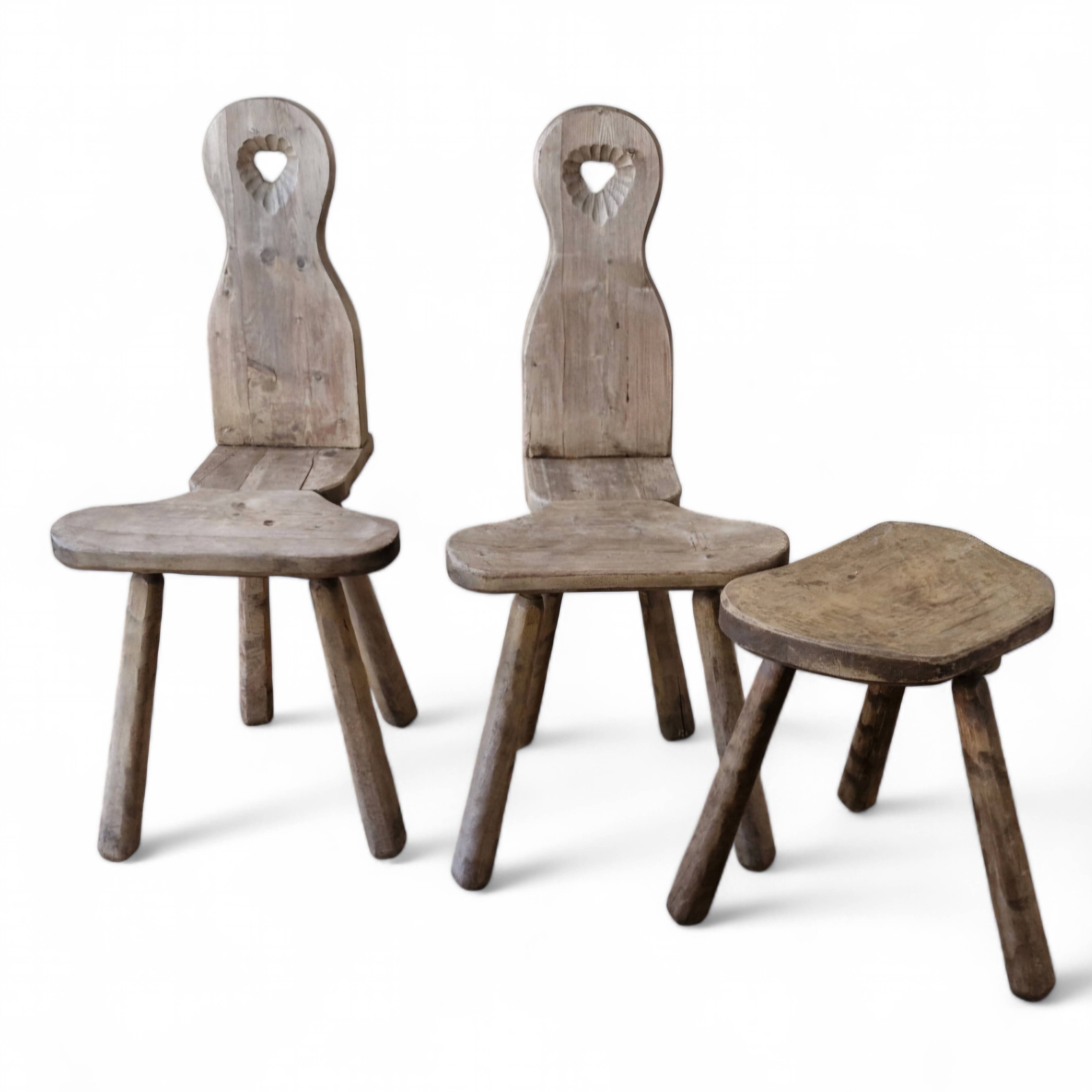 Duo of brutalist wooden chairs and a stool 1960