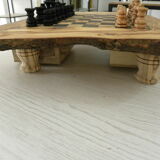 Vintage Handcrafted Carved Olive Wood Chess Games with Natural Edge Drawer