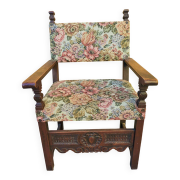 Poltrona trono antique en noyer massif avec sculpture XIXe siècle