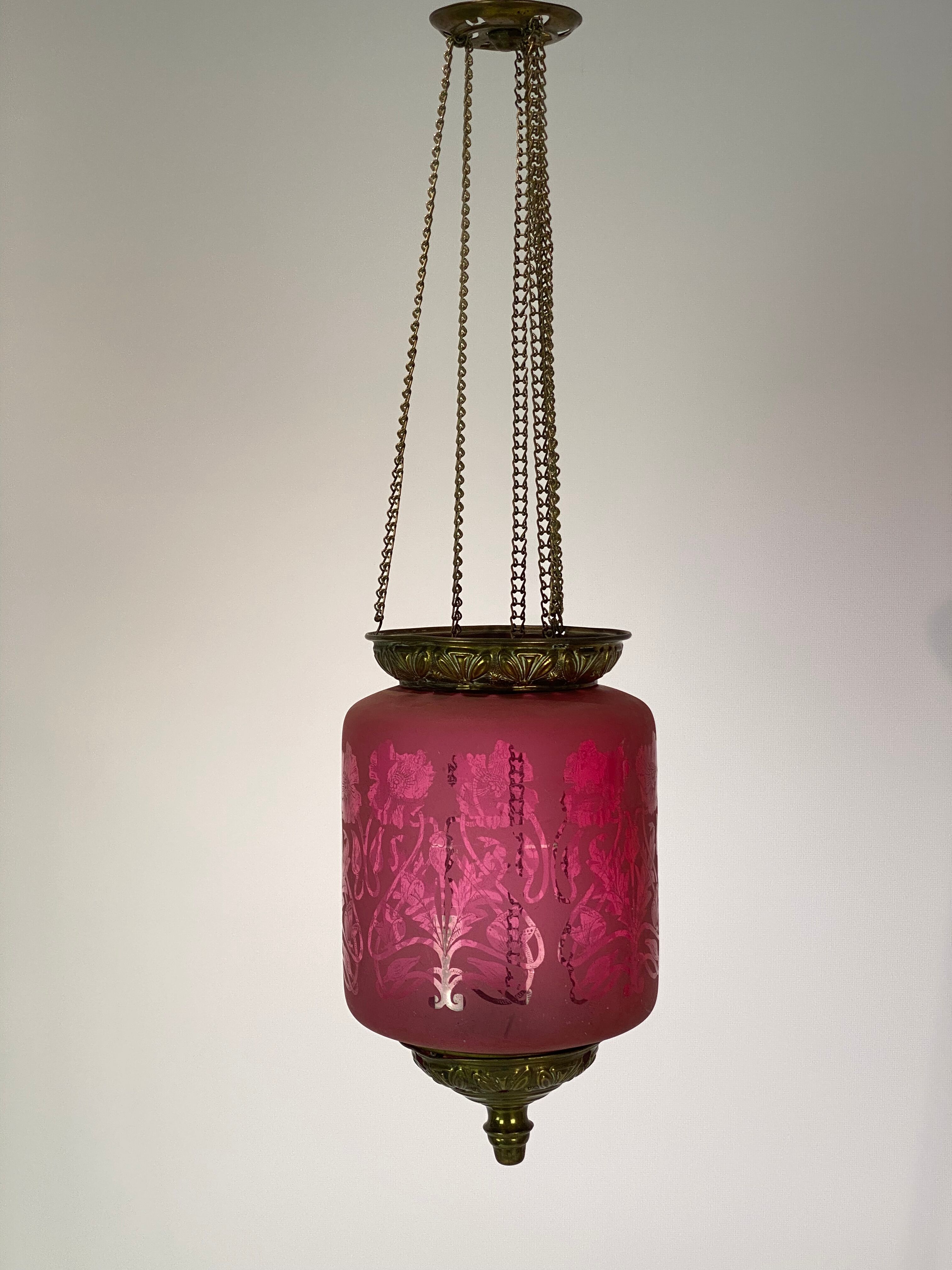 Antique pendant of pink opaline glass with brass edge by Funen's Glassworks, 1860s