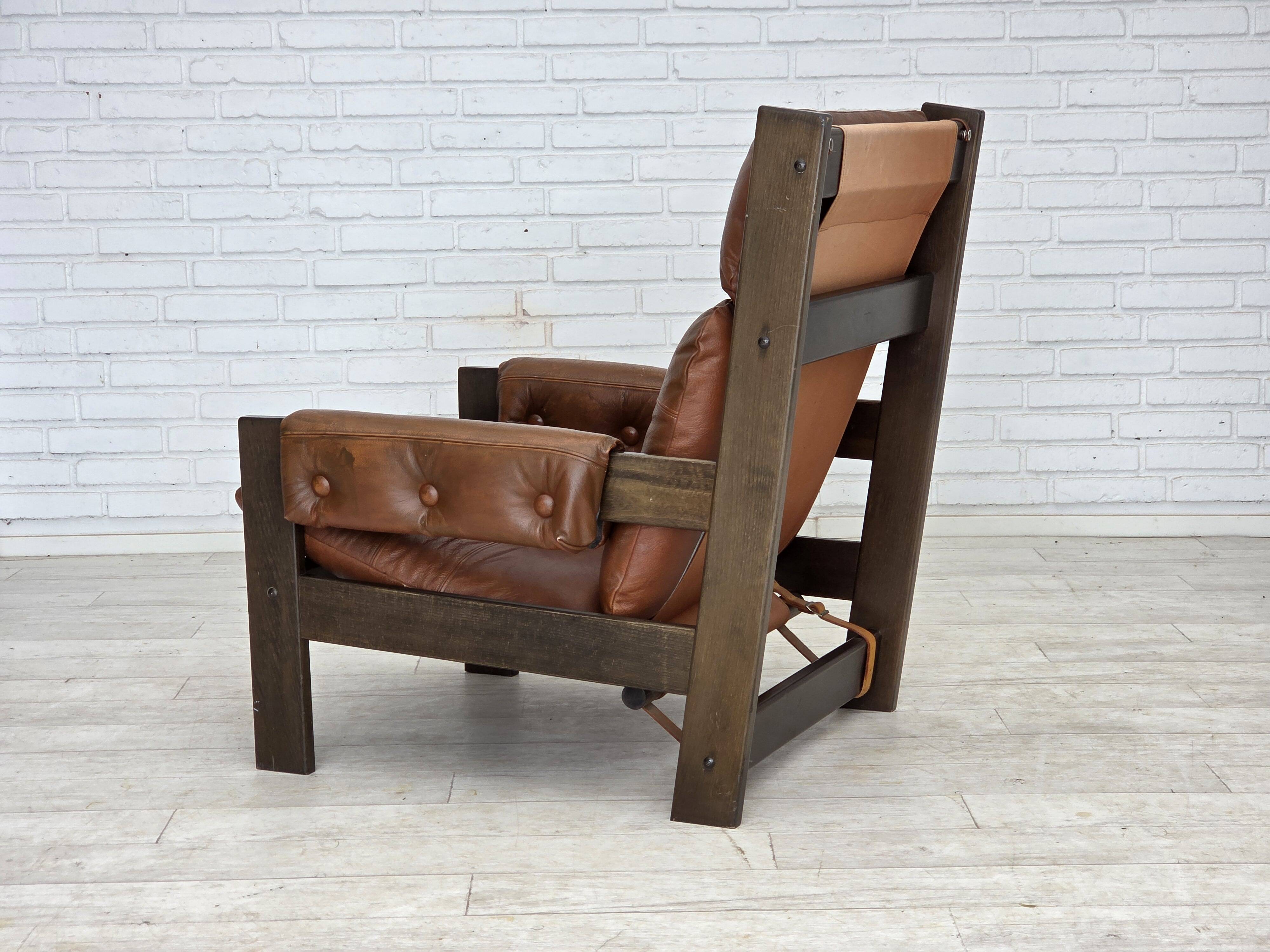 1970s, Scandinavian armchair, furniture leather, canvas, oak wood.