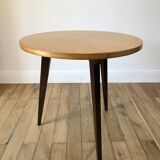 Table basse tripode en bois et marqueterie bicolore design scandinave 1950