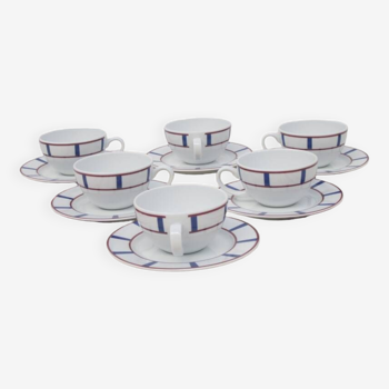 Set of 6 blue and red Basque porcelain tea cups