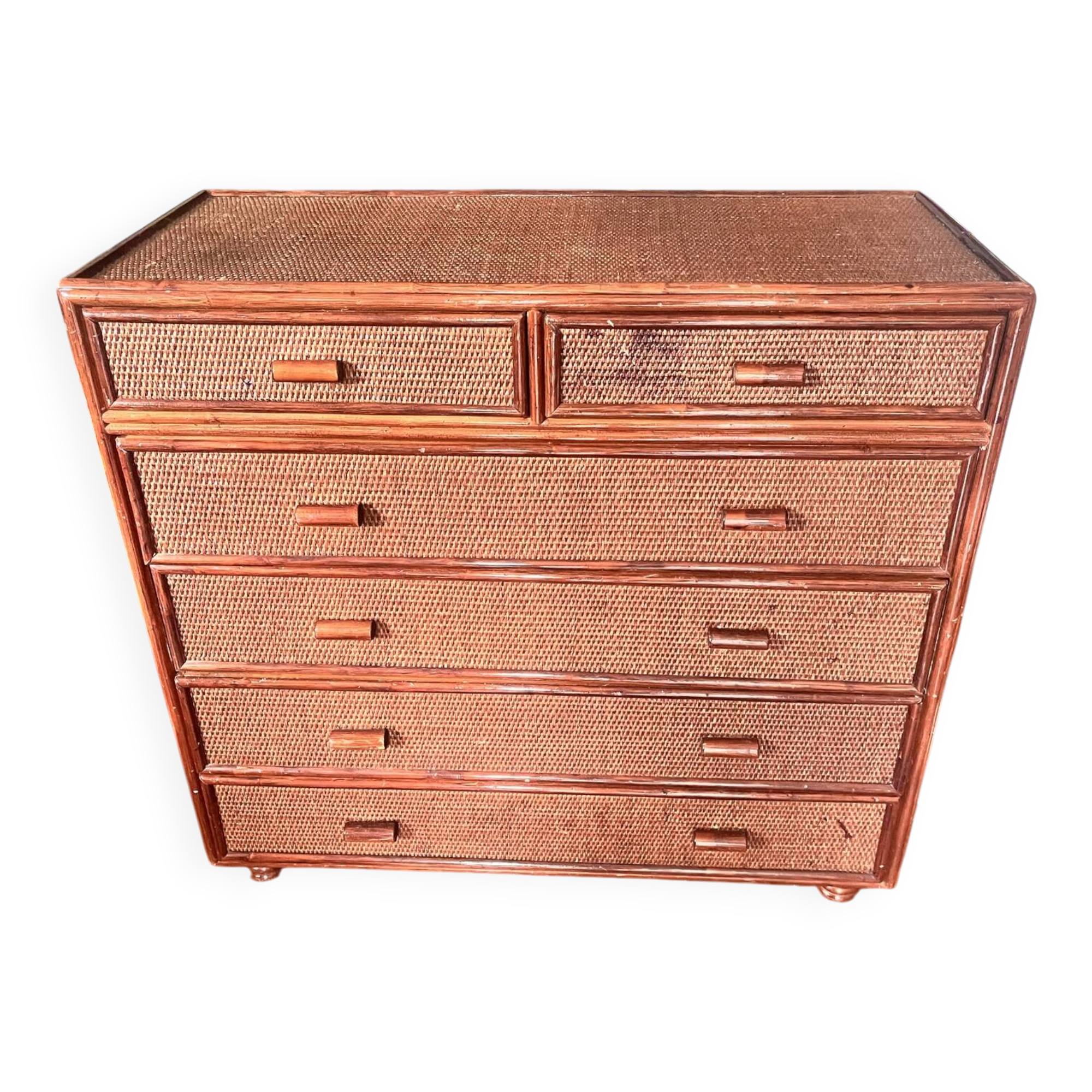 Vintage woven rattan chest of drawers — 6 drawers