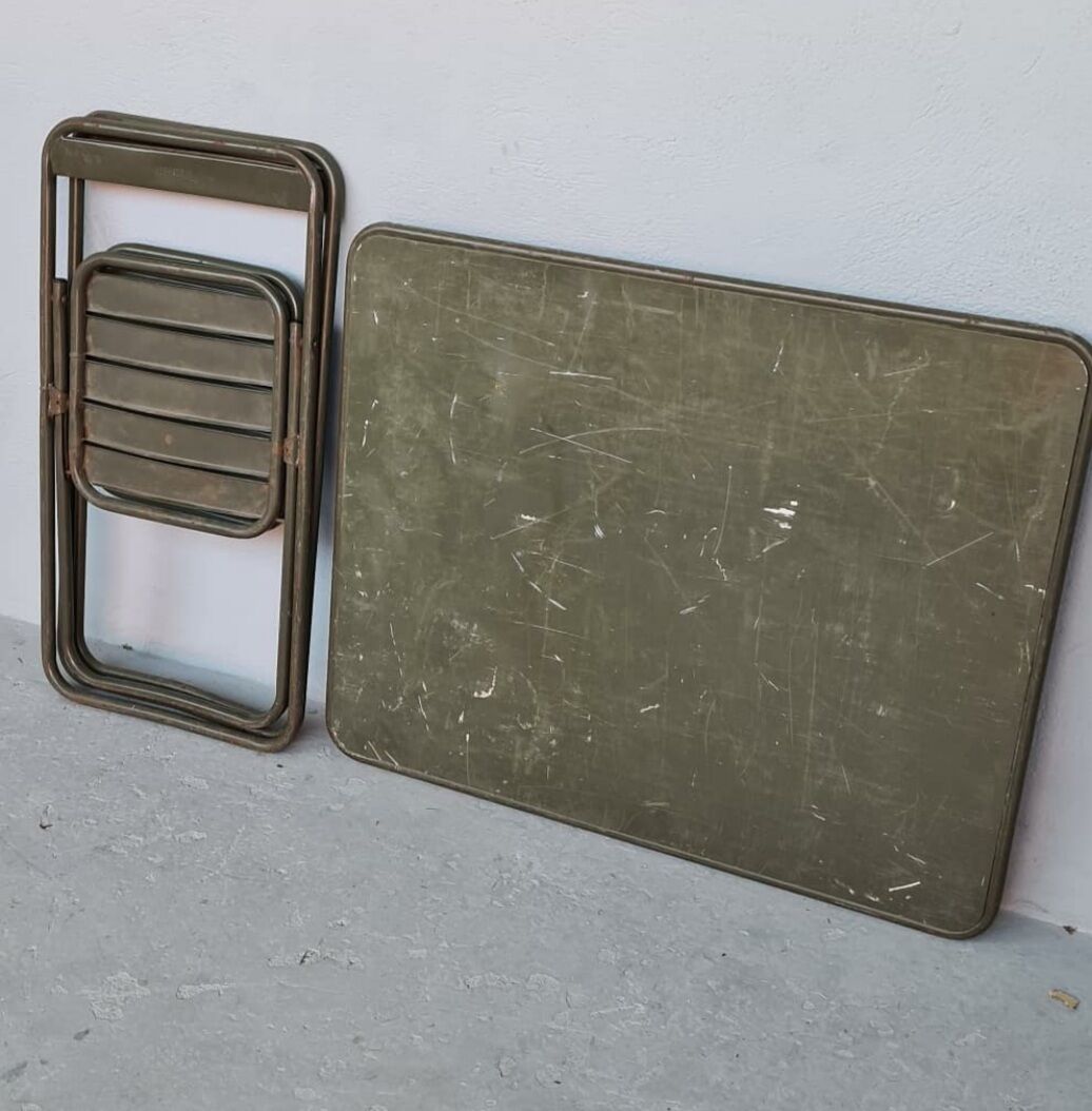 Table and 2 sturdy army khaki folding chairs
