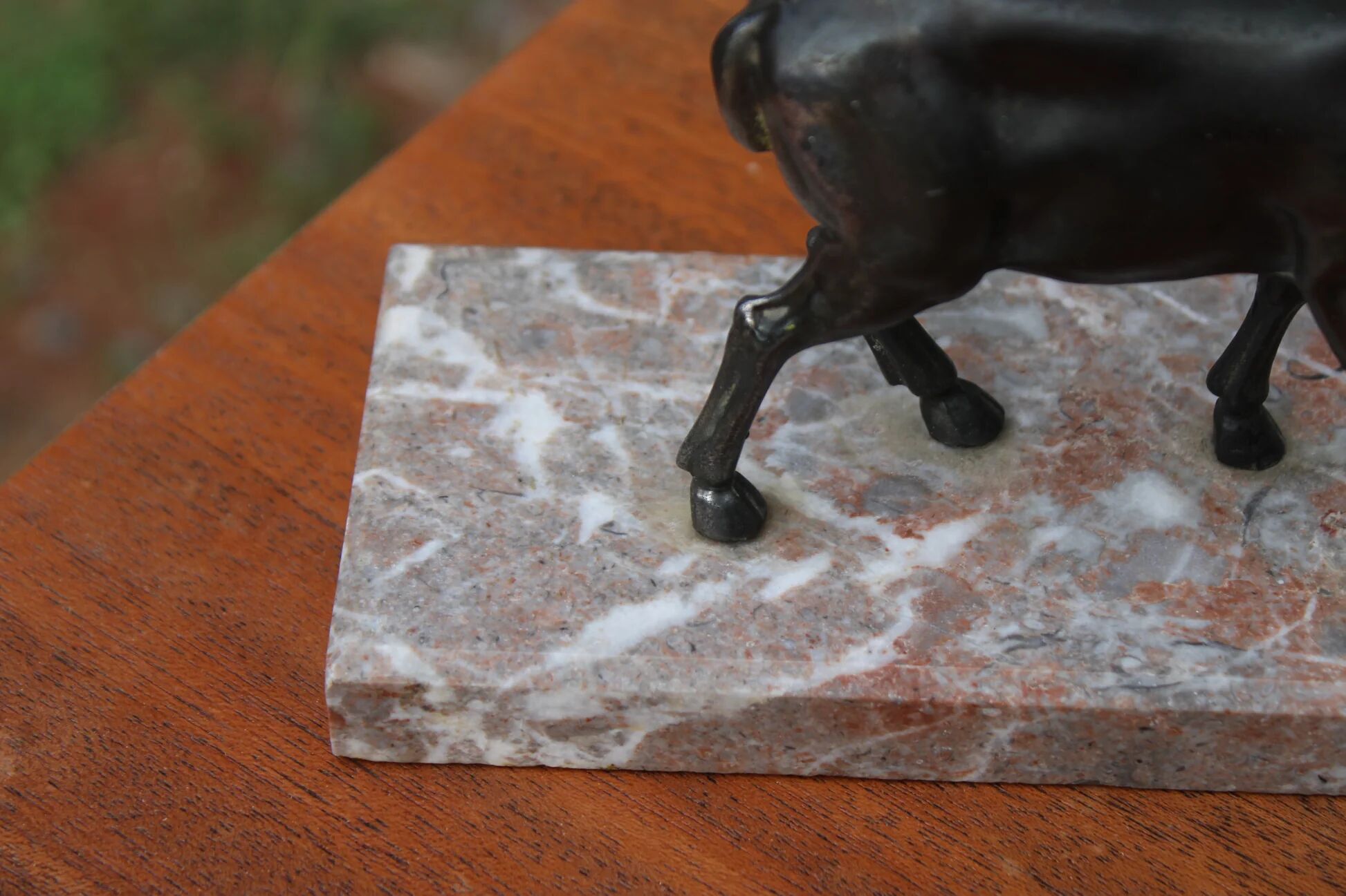 Vintage antelope gazelle bookend in patinated metal on a marble base.