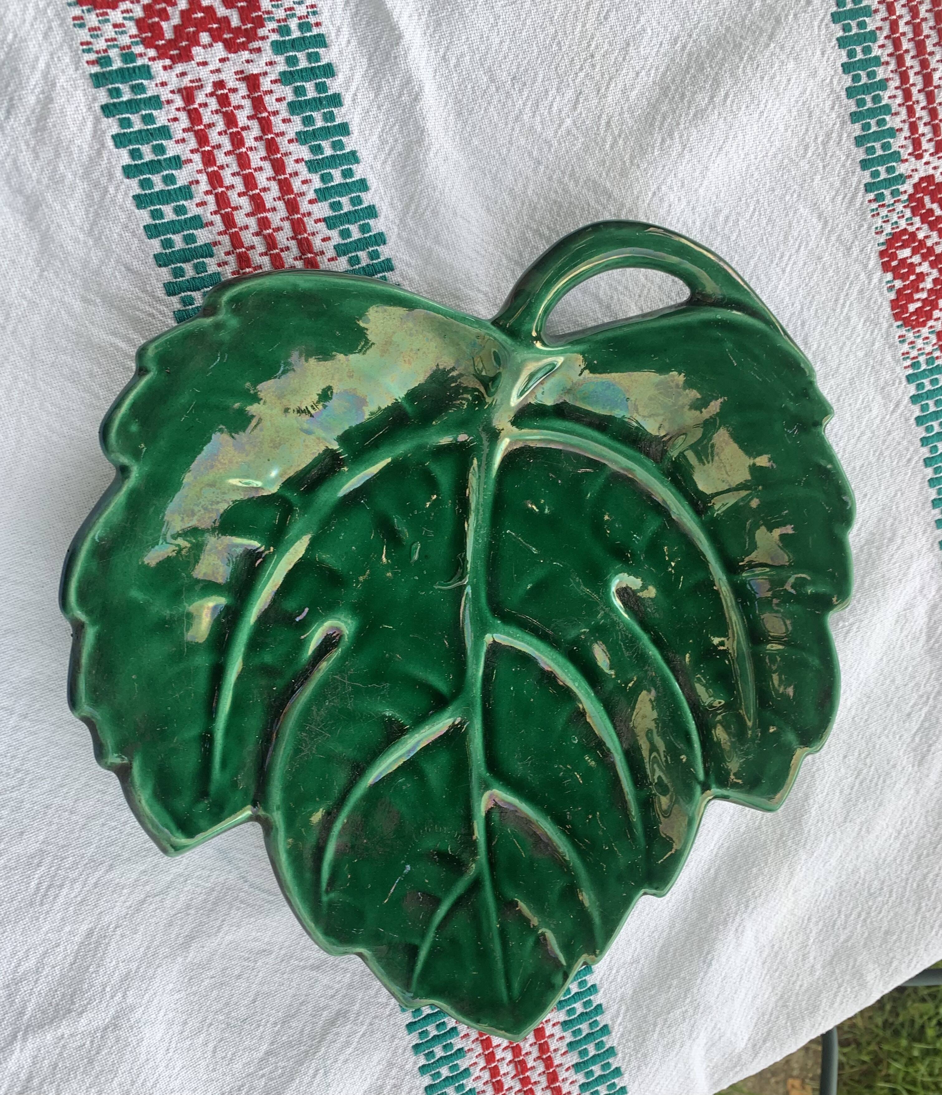 Green enameled ceramic leaf dish, slip, Lunetta vallauris stamps, vintage
