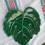 Green enameled ceramic leaf dish, slip, Lunetta vallauris stamps, vintage