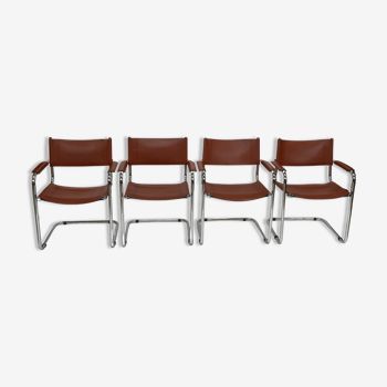 Set de 4 fauteuils Bauhaus cantilever cognac cuir et chrome