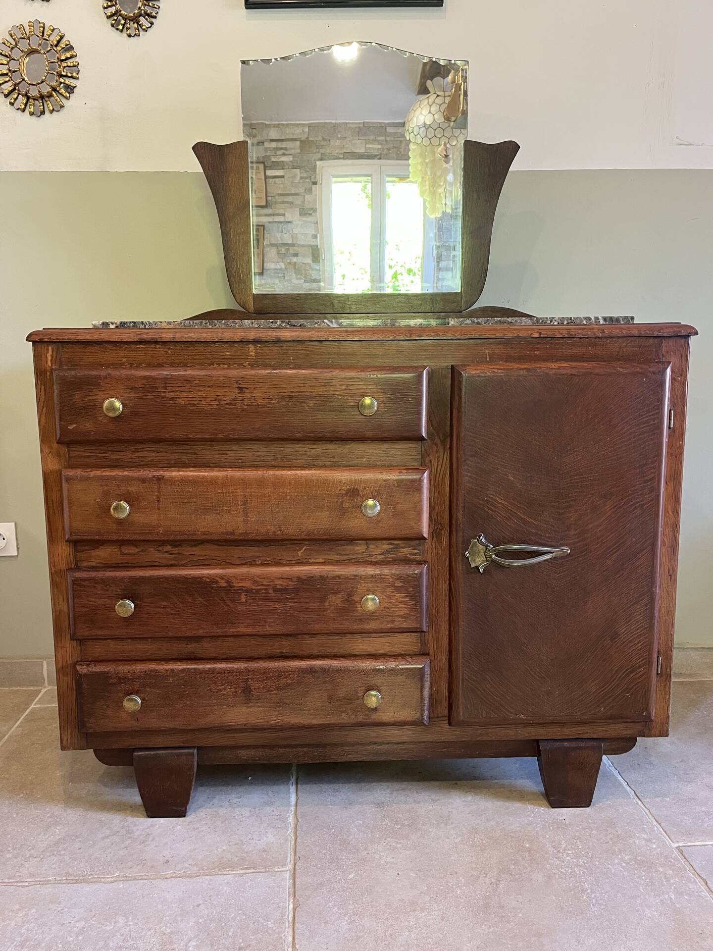 Commode art déco avec miroir biseauté et marbre
