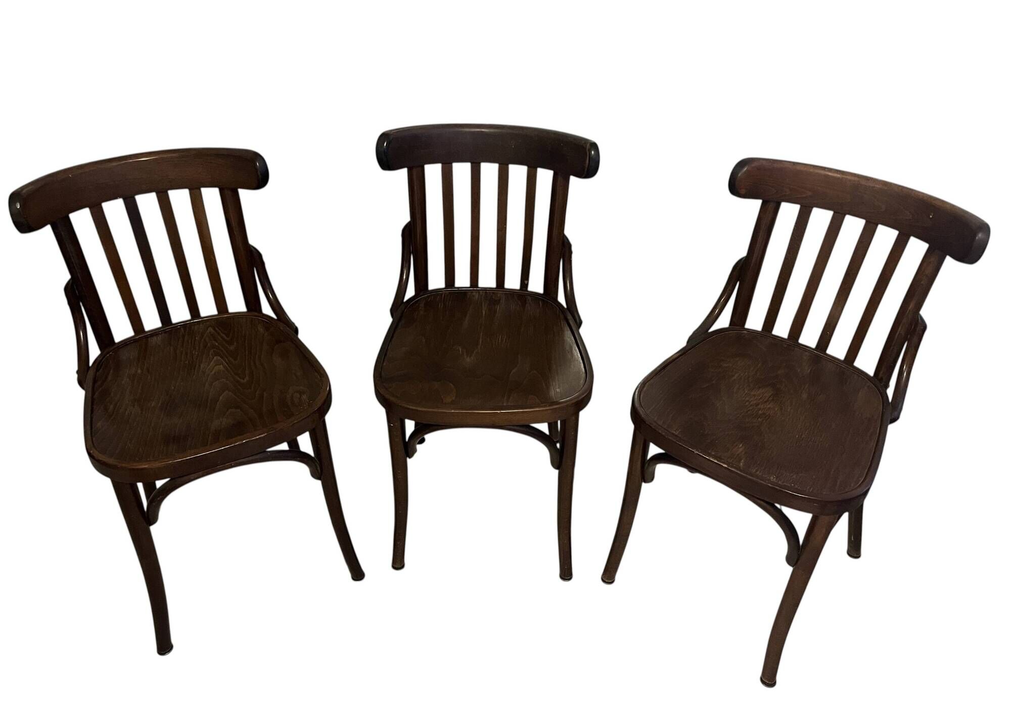 Set of 3 vintage wooden bistro chairs from around 1950.