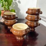 6 vintage Emile Henry lion's head onion soup bowls in ceramic - brown, made in France.