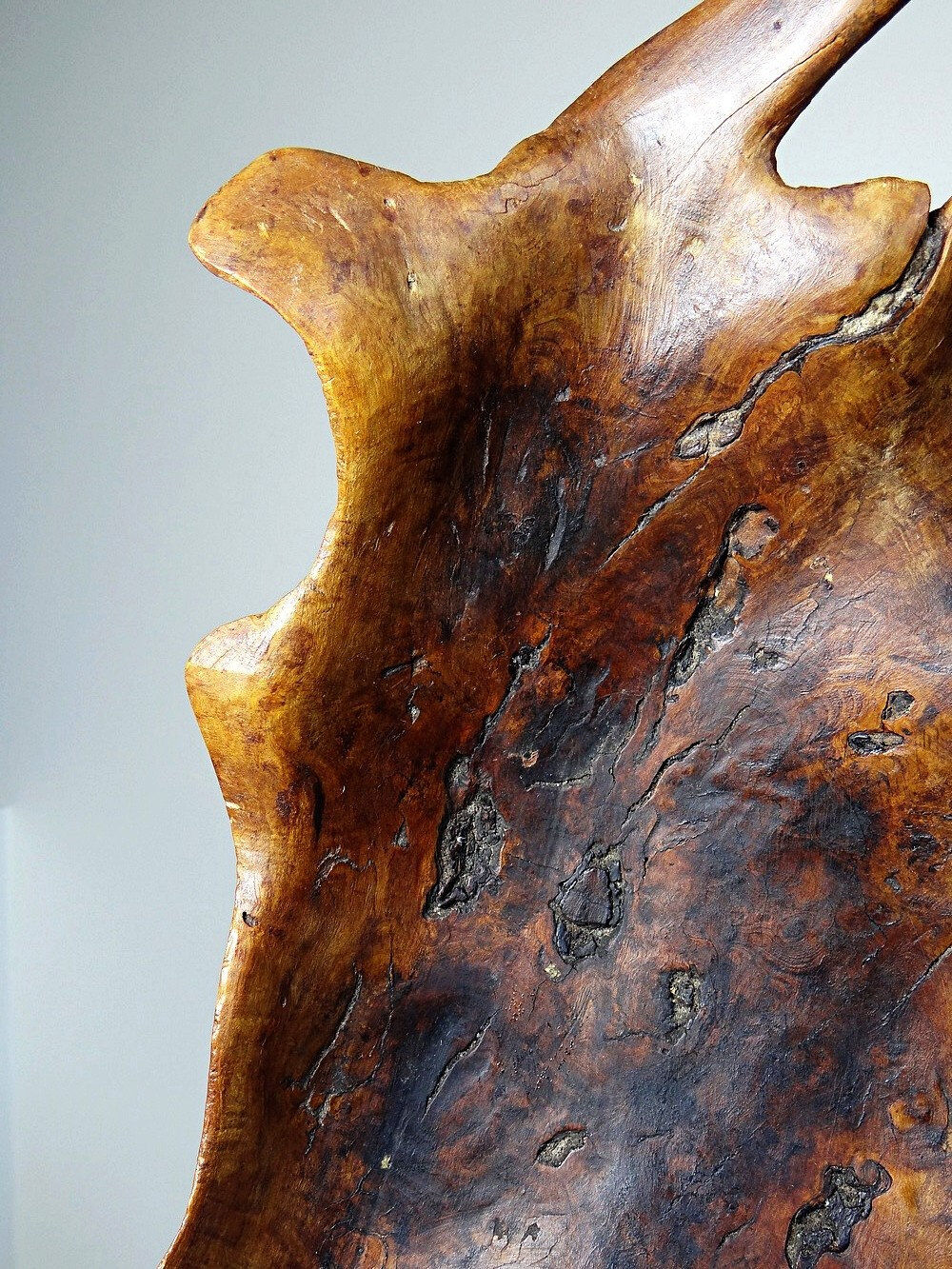 Large monoxyle bowl made of dark raw olive wood from the 1950s.