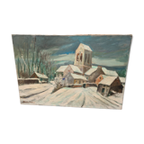 Tableau ancien église d'Auvers sur Oise sous la neige