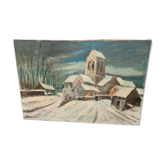 Old painting of the church of Auvers-sur-Oise under the snow