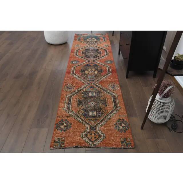 1970s vintage Turkish Oushak handmade wool cotton orange runner rug 80x320
