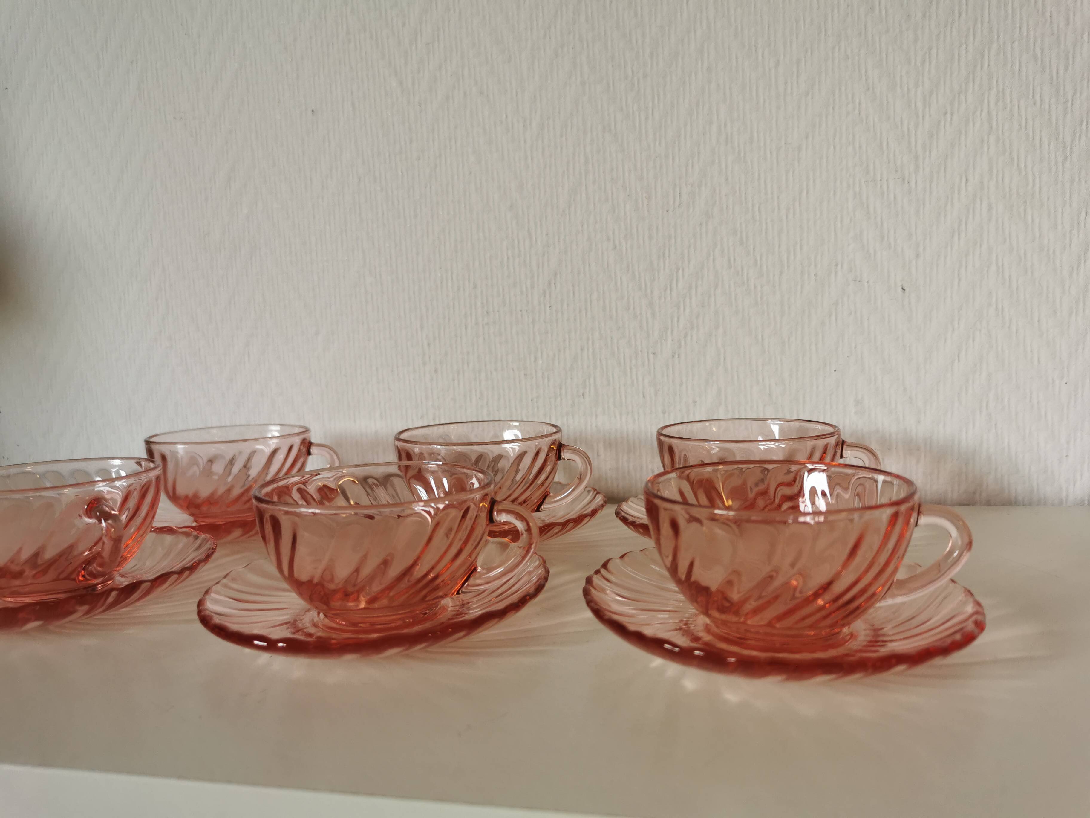 set of 6 pink glass coffee cups and saucers, rosaline