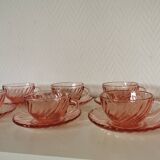 set of 6 pink glass coffee cups and saucers, rosaline
