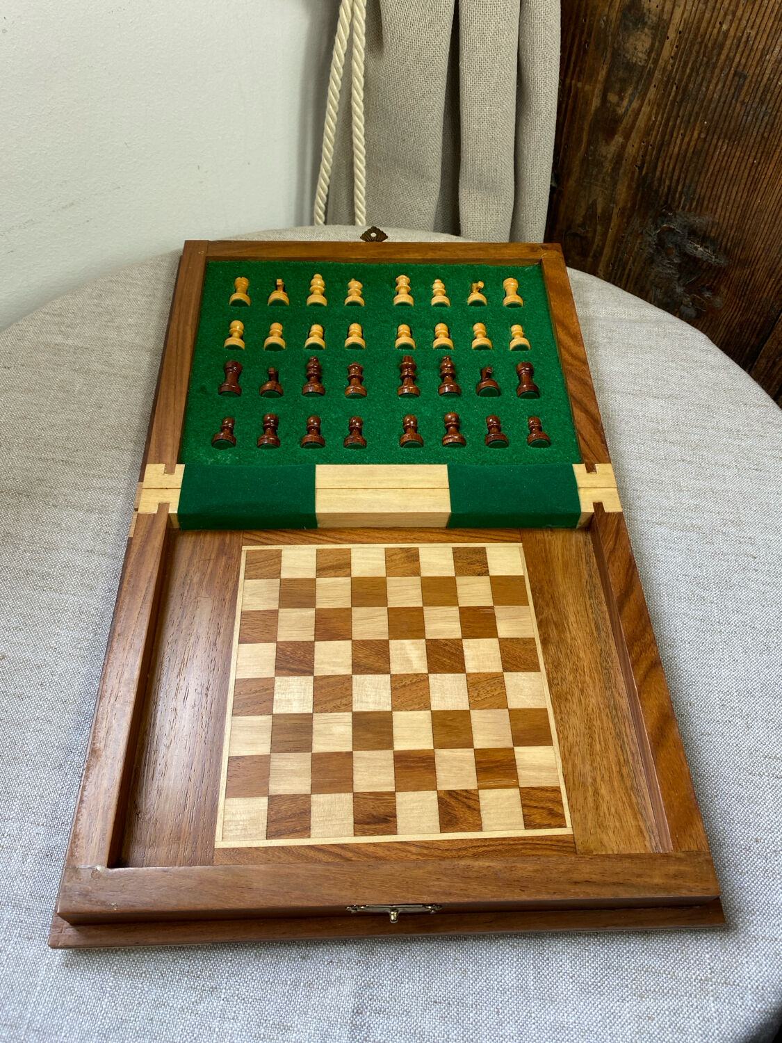 Wooden travel chess set, marquetry board