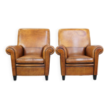 Set of 2  vintage cognac-colored sheep leather armchairs