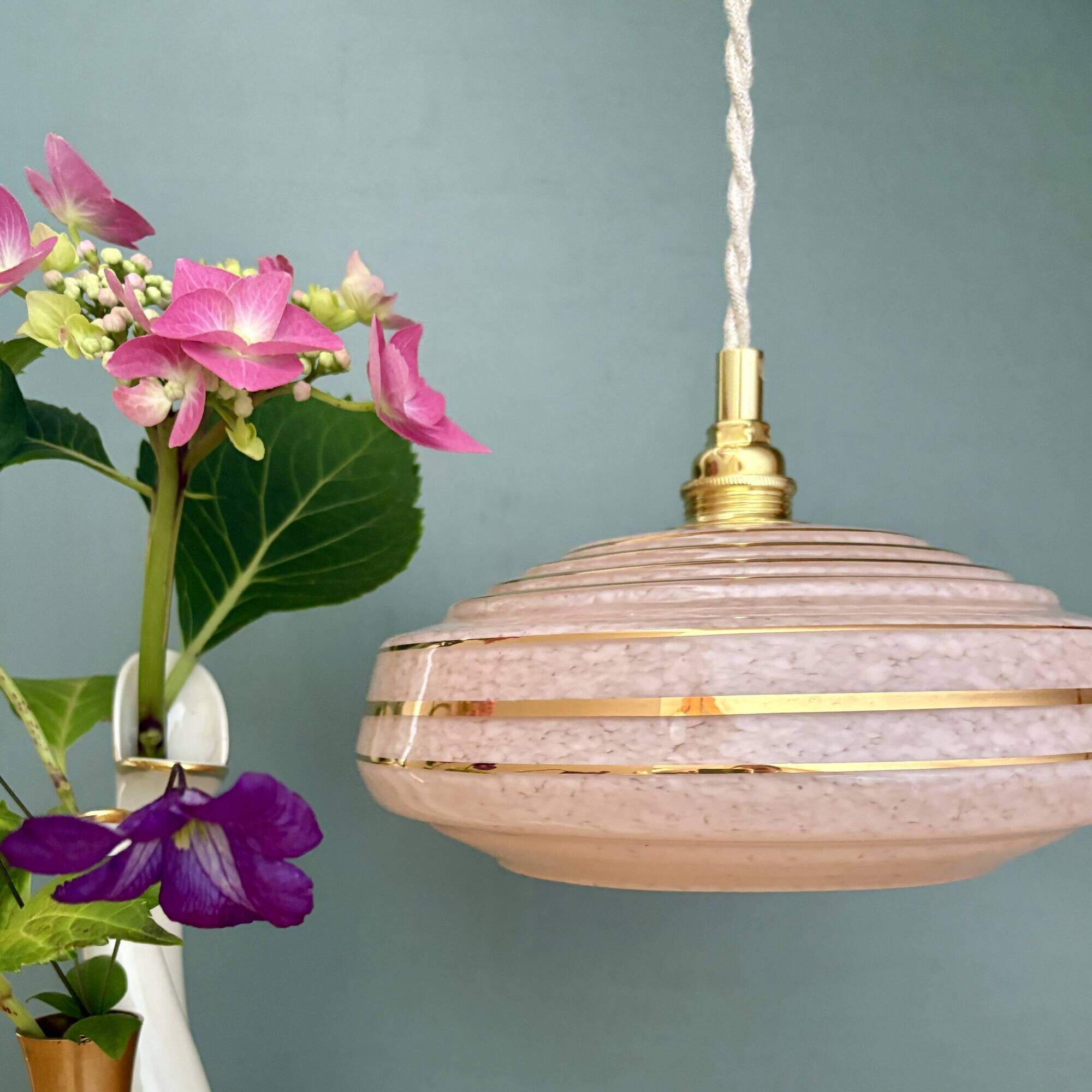Vintage pendant lampshade in pink Clichy glass with gold trim