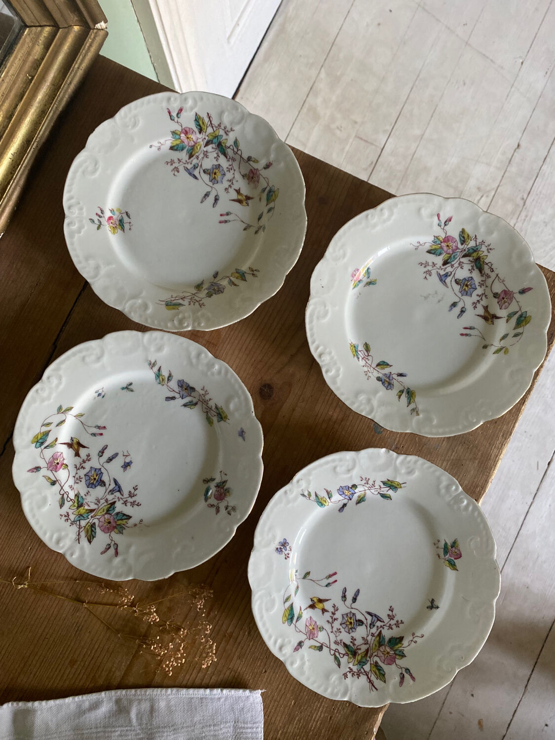 Ensemble de 4 assiettes vintages mésanges et liseron