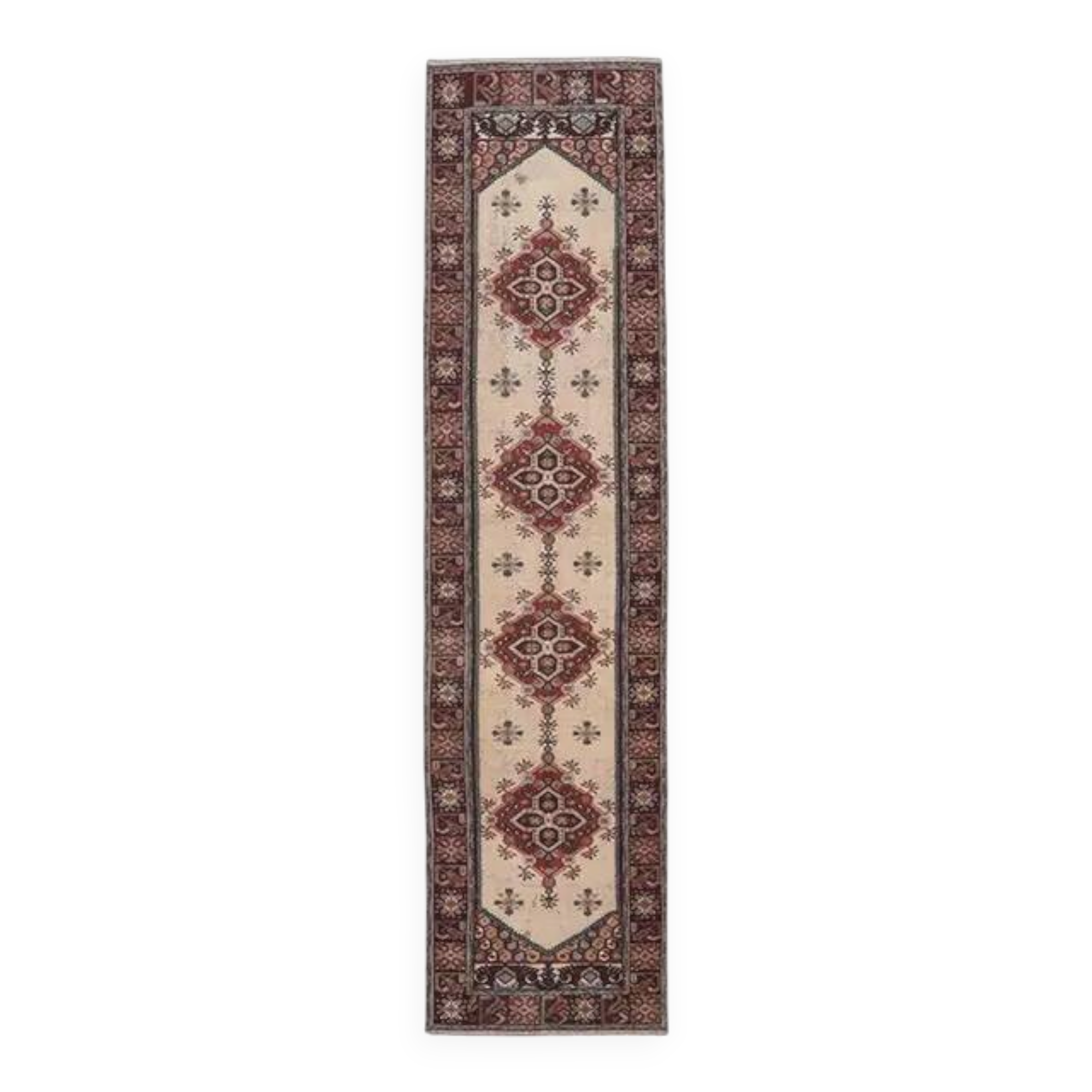 1970s Vintage Turkish Oushak Handmade Wool Cotton Red Runner Rug 78x307