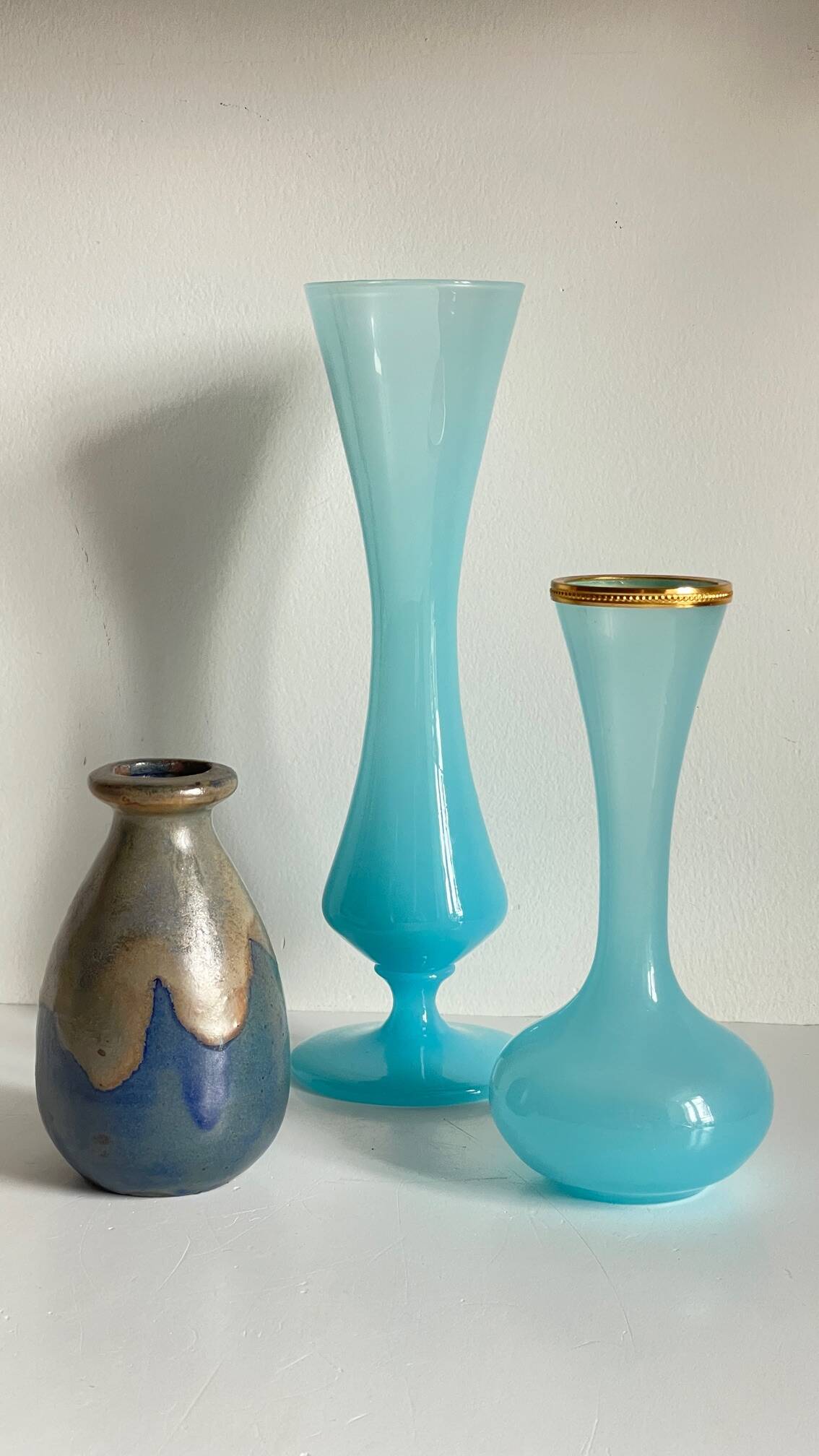 3 VASES Bleu Océan Grès et Verre OPALIN Vintage
